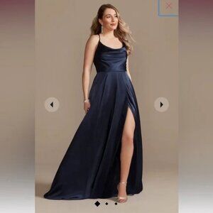 Charmeuse Marine Cowl Dress with Lace-Up Back (style# GS290035)